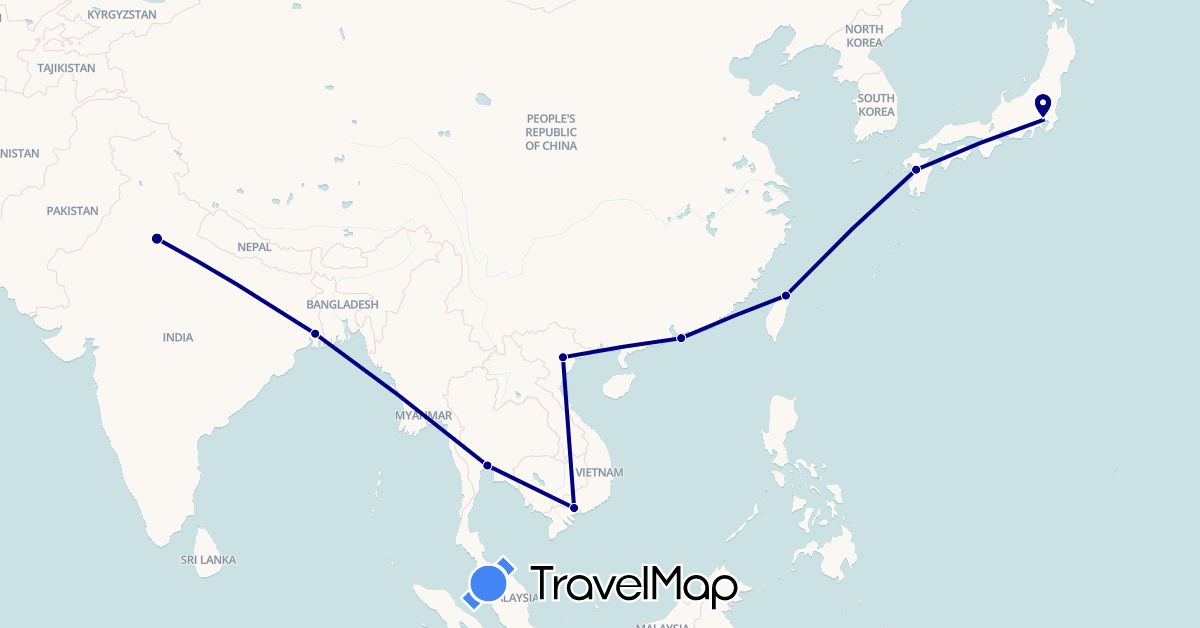 TravelMap itinerary: driving in Hong Kong, India, Japan, Thailand, Taiwan, Vietnam (Asia)